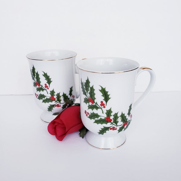 Vintage Christmas Holly Footed Mugs, Gold Trim, Set of 2