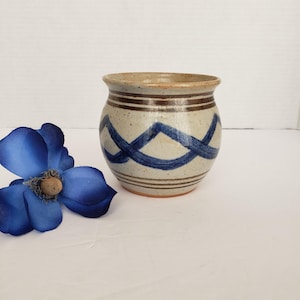 May include: A speckled ceramic pot with a beige base, brown bands, and blue interwoven designs. The pot has a rounded shape and a slightly flared rim. A blue flower is in the background.