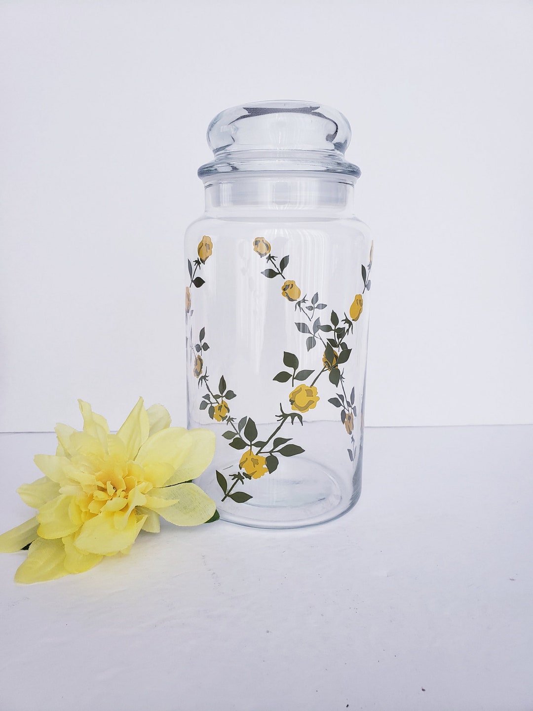 Anchor Hocking Yellow Roses Glassware Apothecary/storage Jar Etsy