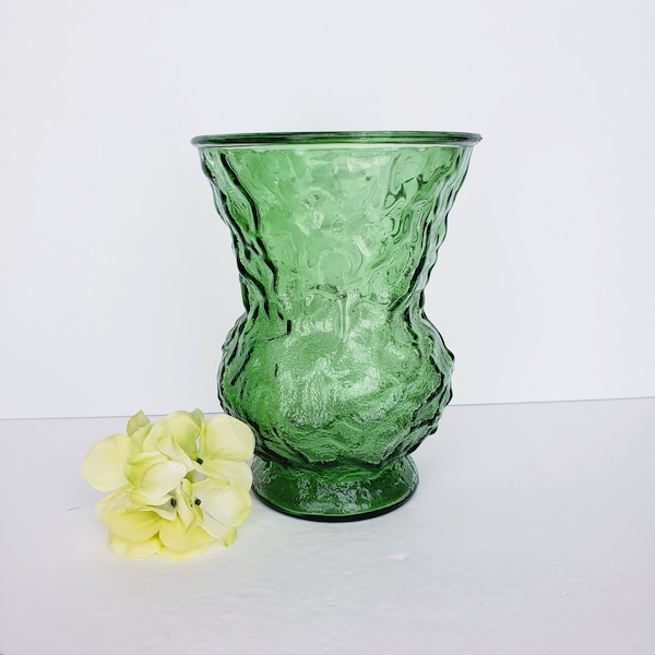 Vintage E.O. Brody Green Crinkle Glass Vase, Tall Vase