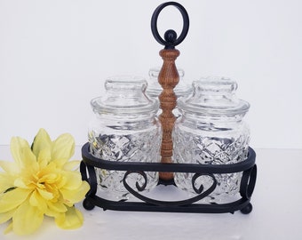 Vintage Set of 3 Condiment Jars in a Wrought Iron Caddy with Wooden Handle