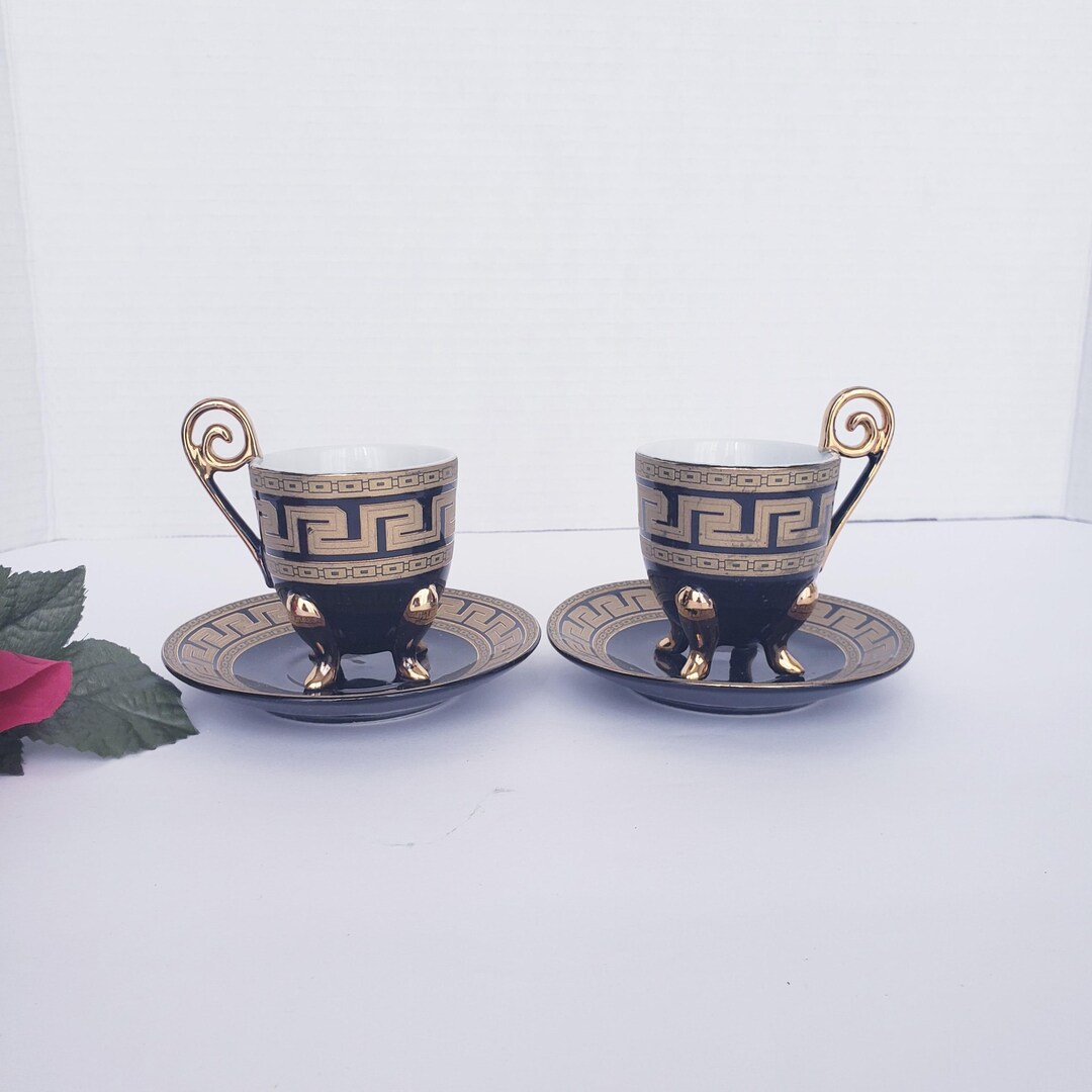 Set of 2 Black and Gold Tea Cup and Saucer Sets, Greek Keys Design ...