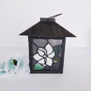 Stained Glass Candle Lantern, White Flower Green Leaves