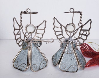 Set of 2 Glass and Metal Hanging Angel Ornaments - Harp and Violin Musicians