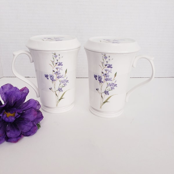 Set of 2 Hankook Viola Tall Mugs with Lids, Lavender Floral, Made in Korea