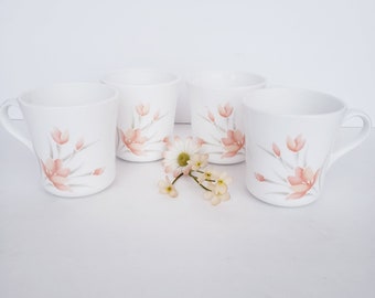 Set of 4 Vintage Corning Peach Floral Mugs, Orange Flowers, Green Leaves