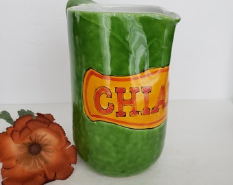 Bright Green Ceramic Italian Chianti Pitcher, Made in Italy, 1.5 Quarts, Hand Painted