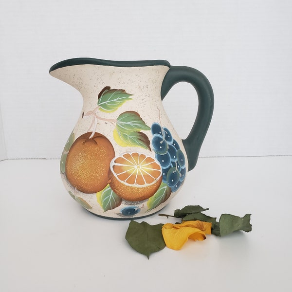 Small Hand Painted Decorative Stoneware Pitcher, Orange and Grape Motif