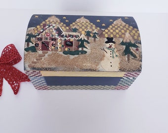Small Hand Painted Christmas Wooden Chest, Christmas Scene, Snowperson, Gingerbread House