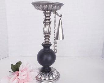 Wood and Metal Pillar Candle Holder with Attached Sniffer, Black and Silver