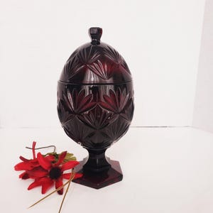 Vintage Cristal d'Arques-Durand Ruby Red Glass Lidded Candy Dish, Pedestal and Base