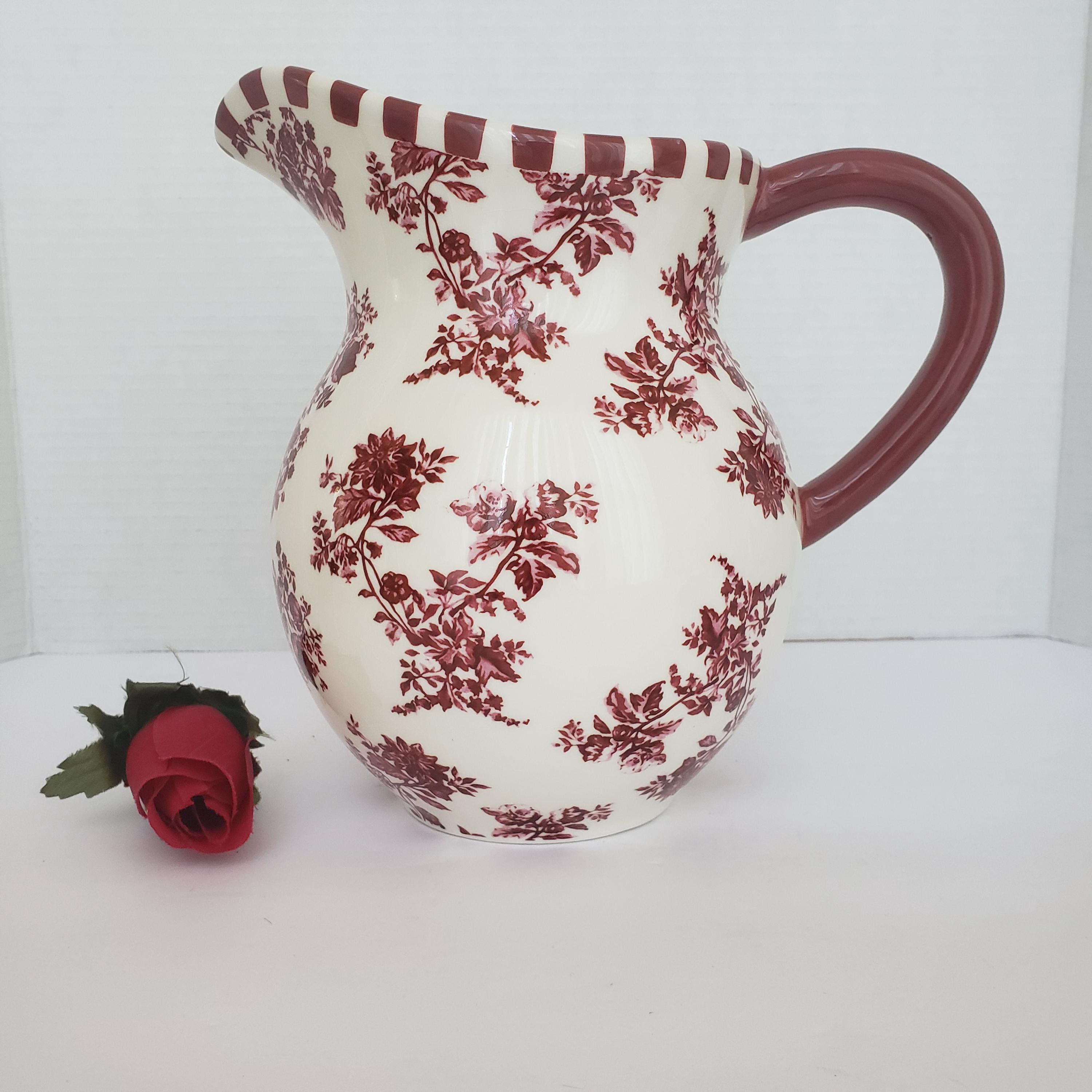 Decorative Ceramic Red Floral Pitcher, Solid Red Handle