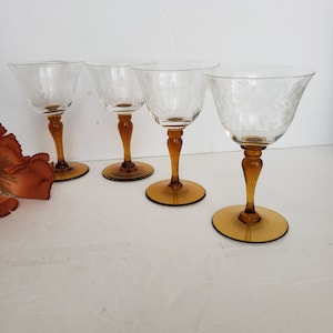 Set of 4 Amber Stemmed Cocktail/Liquor Glasses, Floral Etching