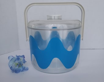 Vintage Marimekko Ice Bucket, Clear with Blue Waves