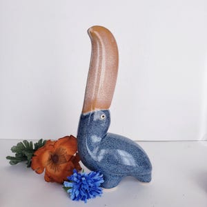 Ceramic Toucan Bird Figurine, Blue and Tan, Mid-Century Modern