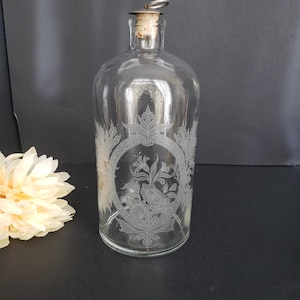 Etched Glass Apothecary Bottle/Jars with Cork and Metal Stopper, Decorative Decanter