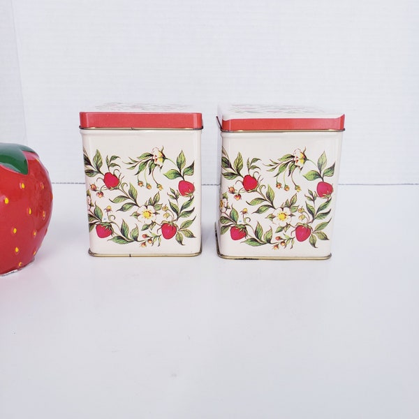 Set of 2 Vintage Bristolware Strawberry Tins and Lid, MCM Small Metal Containers/Canisters, Made in USA