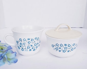 Corning/Corelle Blue Heather Sugar Bowl with Lid and Creamer