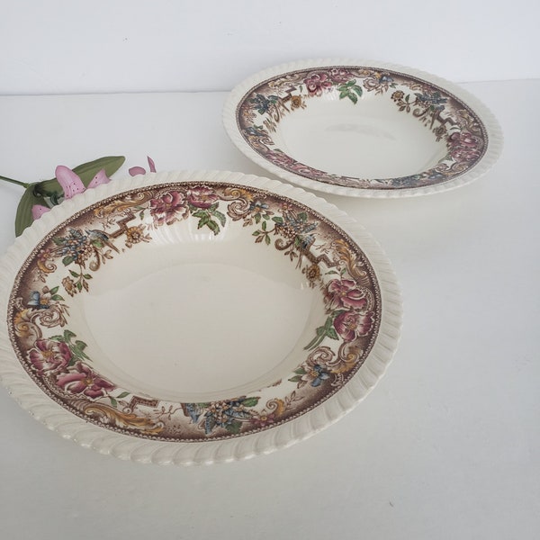 Set of 2 Vintage Johnson Brothers Devonshire Brown Multicolor Rim Soup Bowls, Old English, Brown/Multicolor Flowers