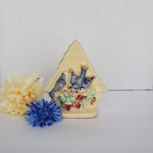 Hand Painted Ceramic Birdhouse with Blue Birds Wall Pocket Planter