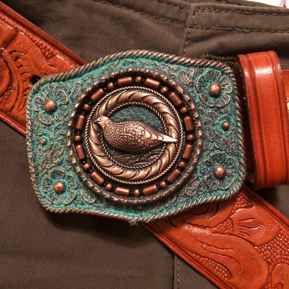 Custom Copper Turquoise/green Patina Wood Badge Critter  display picture 3