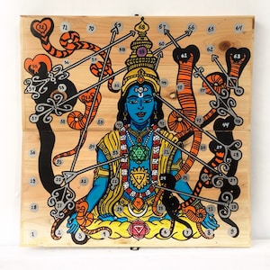 Leela game with Hare Krishna painting original, Hindu art ancient family board game, Meaningful art yoga studio decor