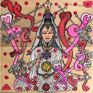 Wooden Leela game board Unique custom design with Goddess Artwork Original Painting, Indian Leela game of life psychology gift for her