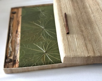 Album artisanal A3 en feuilles naturelles, livre d'or de mariage en forêt, couverture végétale, cahier bio, livre de souvenirs, album de scrapbooking fait main, papier recyclé