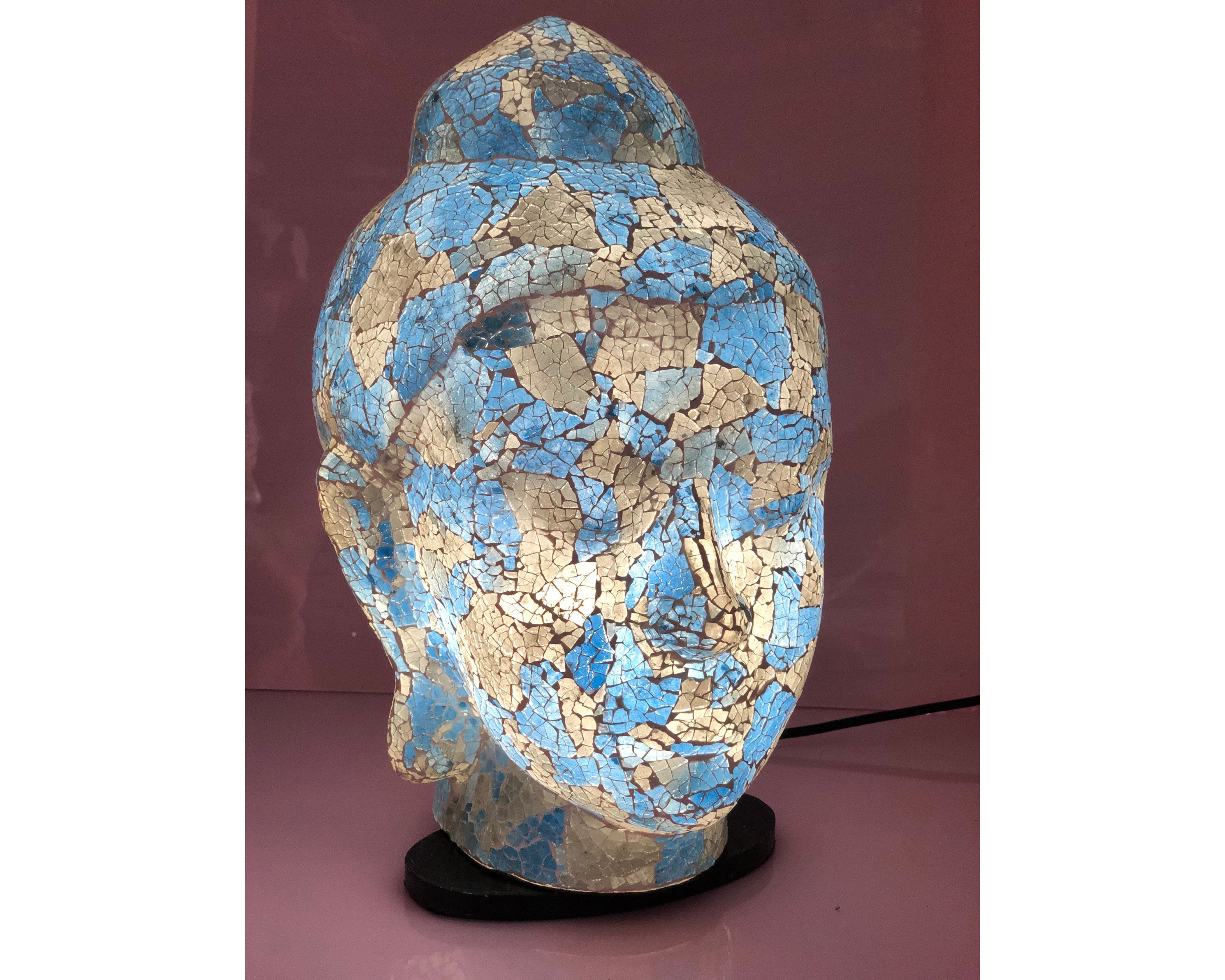 Sky Blue table lamp for bedroom or living room, Buddha head statue Mosaic glass 14”, Handmade buddha statue art deco lamp, Housewarming gift