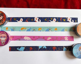 May include: Four rolls of washi tape featuring anime characters. The tape designs include ghosts, fish, and narwhals. The tape is labeled "Yan Wasabi Tape", "Childe Wasabi Tape", and "Yan Wasabi Tape".