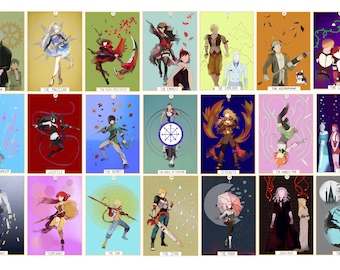 May include: A set of 22 tarot cards featuring characters from the animated series RWBY. Each card depicts a character from the show in a pose that represents the corresponding tarot card. The cards are arranged in a grid of four rows and six columns.