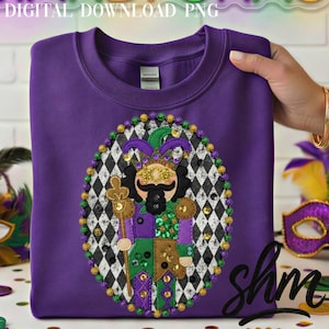 May include: A purple sweatshirt with a Mardi Gras jester design. The jester is in the centre of a black and white diamond pattern, surrounded by gold and purple beads. The text "DIGITAL DOWNLOAD PNG" is at the top.