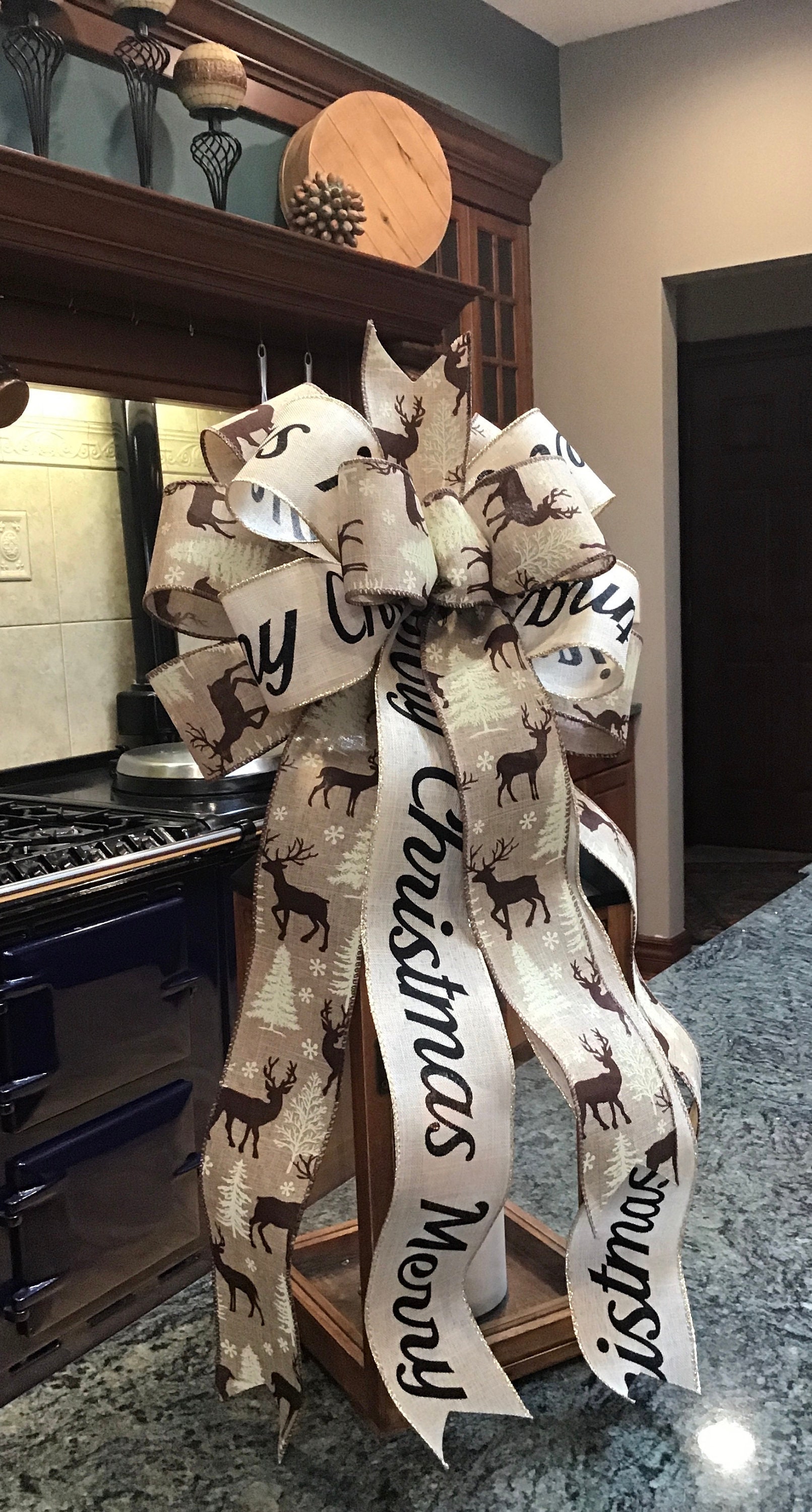 Rustic Farmhouse Merry Christmas Script ribbon with woodland | Etsy