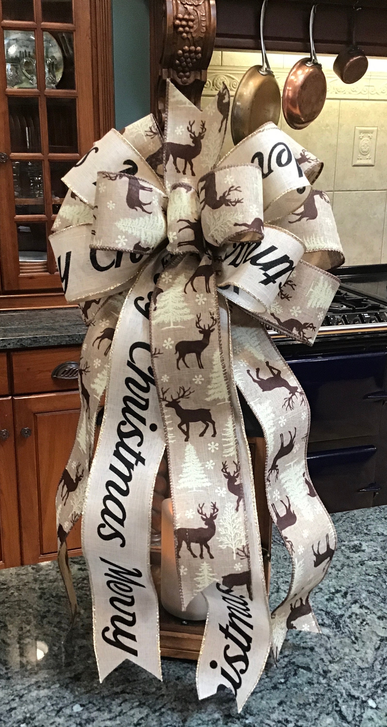 Rustic Farmhouse Merry Christmas Script ribbon with woodland | Etsy