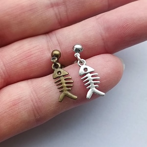 small skeleton of fish stud dangle earring, brass or silver mono earring
