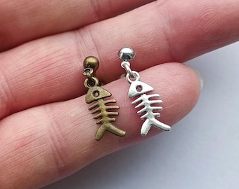 small skeleton of fish stud dangle earring, brass or silver mono earring
