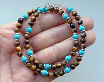 Tigerauge mit Türkis Halskette unisex