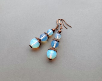 opalite earrings milky light blue moonstone opalite, copper earrings dangle moonstone, for women for her