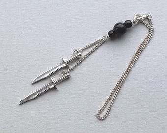 car accessory, rear view car mirror charm with black onyx and dangling hunting knives, daggers