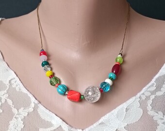 Colorful necklace from various beads in style mix match, statement necklace Boho