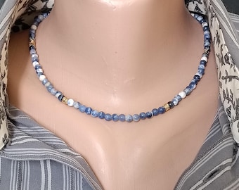 sodalite necklace, blue choker gold plated necklace unisex