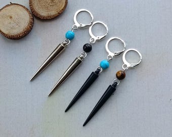 earring long spike with gemstone, one earring silver spike, black spike with turquoise and tiger&#39;s eye, modern earring dangle unisex