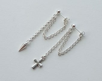 unisex stud earring with chain  dangle spike or cross