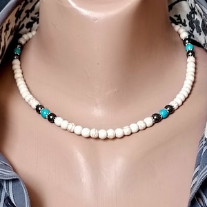 Gargantilla de turquesa blanca y hematita, collar estilo hombre, joyería unisex, perfecto para regalo