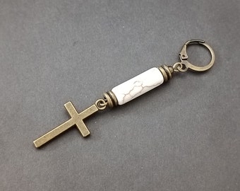 Brass Cross Dangle Earring with White Turquoise, Unisex