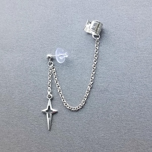 ear cuff with North star, silver stud earring with cuff wrap and chain, modern unisex jewelry, gift for her for him