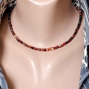 thin agate choker necklace of reddish brown striped agate, minimalist jewelry unisex style
