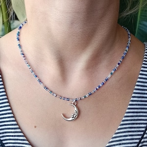 moon crescent pendant, thin necklace from seed bead, gift for her