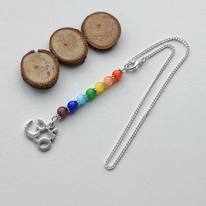 May include: A silver chain necklace with a rainbow colored beaded charm and a silver Om symbol pendant.