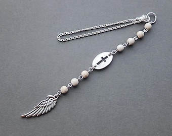 charm with cross and Angel wing for car rear view mirror . protection amulet of the car and its owner, under the wing of an Angel.